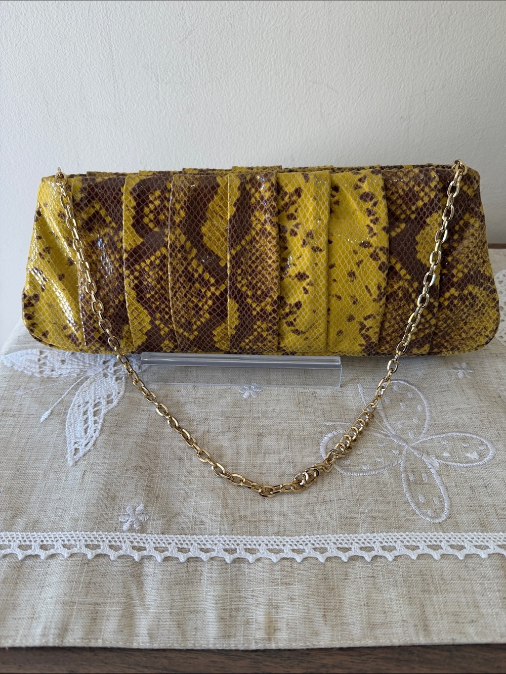 Antonio Melani Yellow/Brown Snakeskin Embossed Pleated Clutch/Shoulder Bag